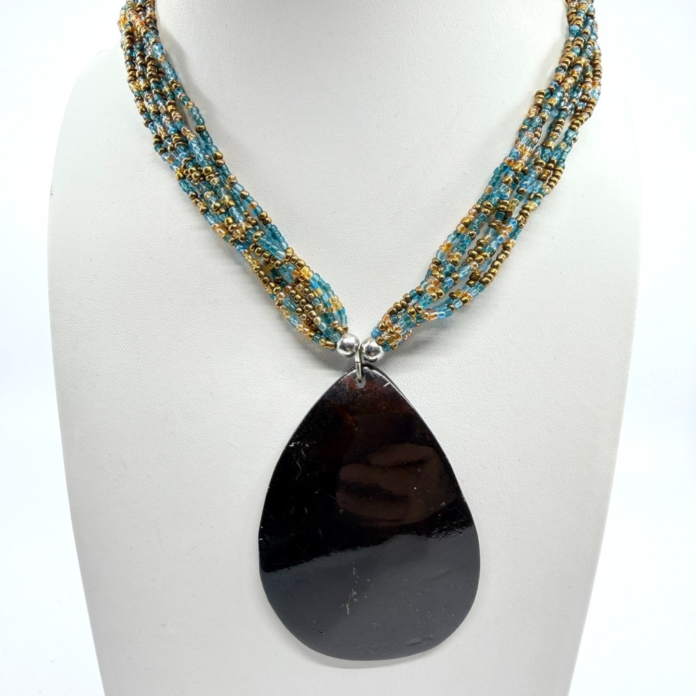 VTG Multi Strand Seed Bead Statement Necklace Brown Shell Pendant Blue Gold Tone